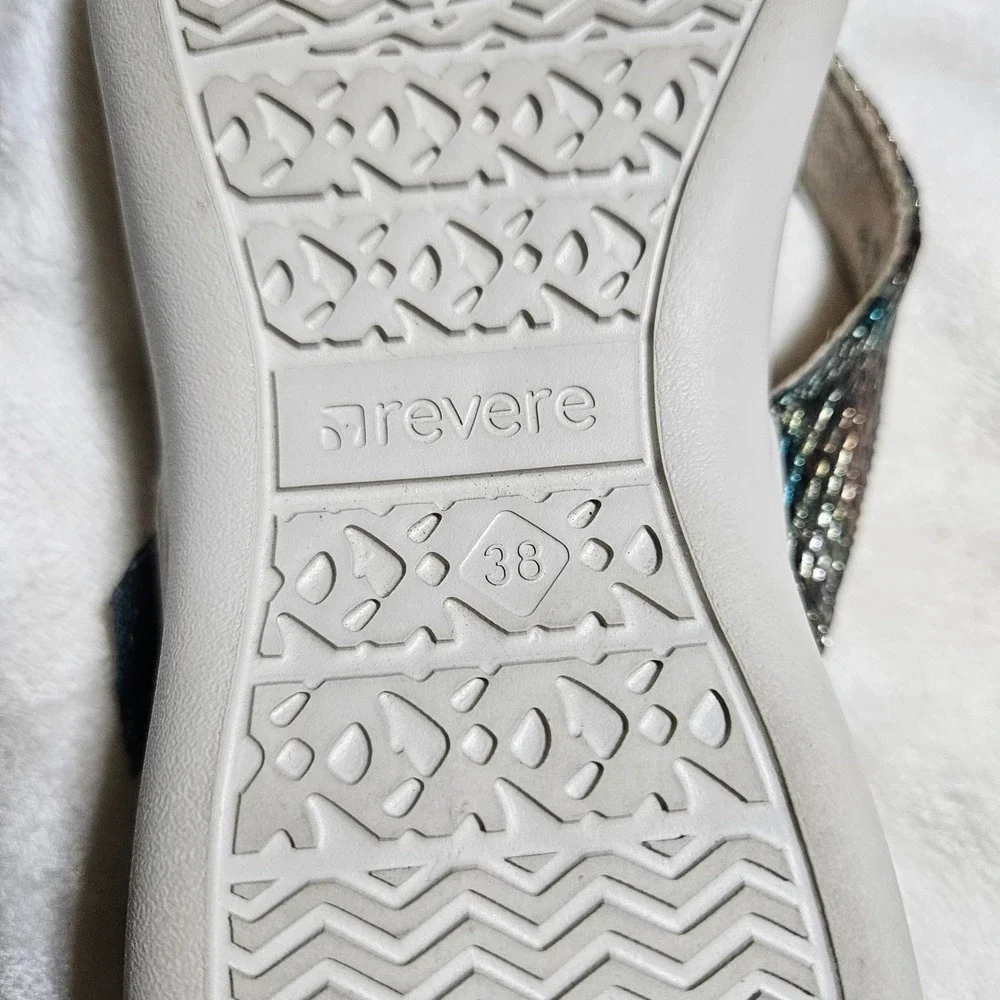 Revere Napoli Peacock Python Orthotic Thong Sandals Womens 7 Metallic Green Cork